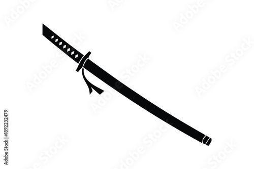 Black silhouette of a japanese katana sword with a detailed handle and scabbard on a white background