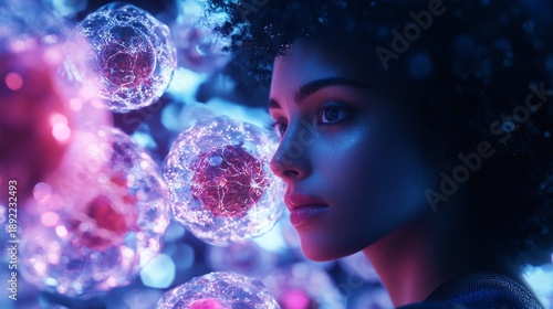 A young woman with an artistic gaze explores the microscopic world. Vibrant colors and light merge seamlessly with her curious nature. Discover the beauty within life. Generative AI
