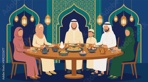 Muslim family having a festive meal, celebrating Ramadan or Eid together.