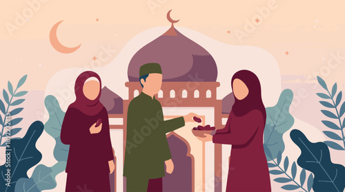 Muslim people sharing dates and celebrating Ramadan at mosque