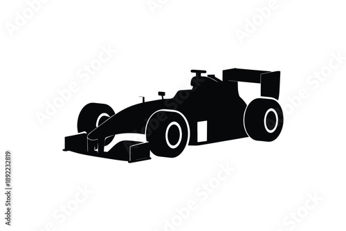 Black silhouette of a formula one race car with large wheels and an aerodynamic body