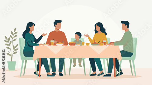 Family and friends gathered for a meal at a dining table, minimalist illustration