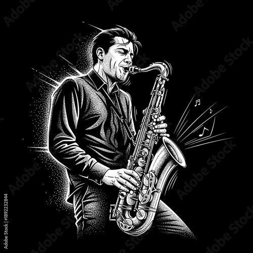 Dynamic monochrome illustration of a male saxophonist playing with passion.