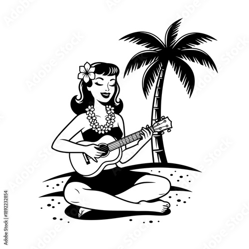 Smiling woman playing ukulele under palm tree on beach.