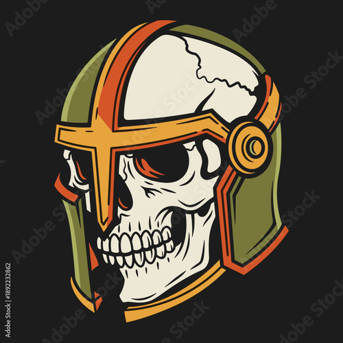 Skull wearing a medieval knight helmet illustration.