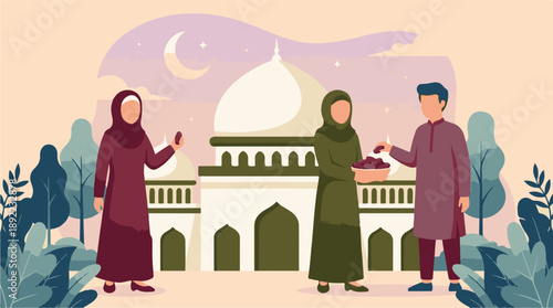 Muslim family sharing dates for Iftar celebration during Ramadan at mosque