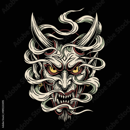 Intricate Japanese Hannya Mask with Ethereal Smoke and Fiery Eyes.