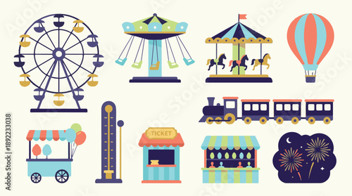 Flat design collection of amusement park attractions and carnival elements