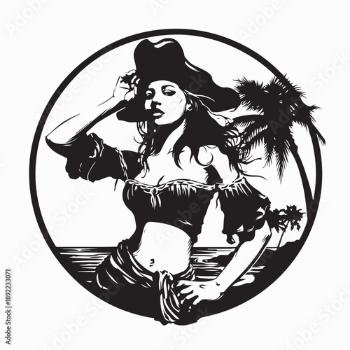 A woman in pirate costume posing on the beach image vector