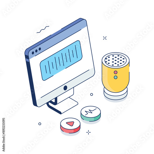 A visually appealing isometric illustration of smart voice assistant device