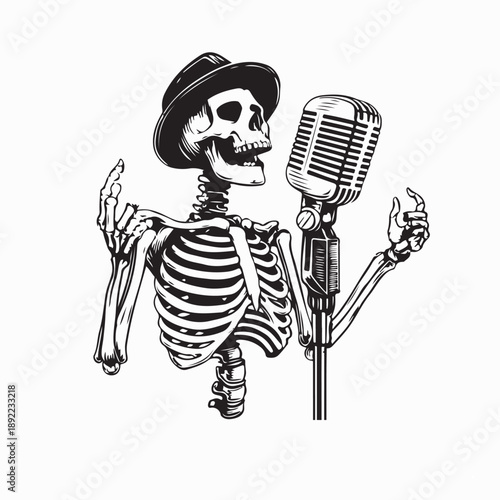 Skeleton Singing Into a Microphone Image Vector Isolated on White Background