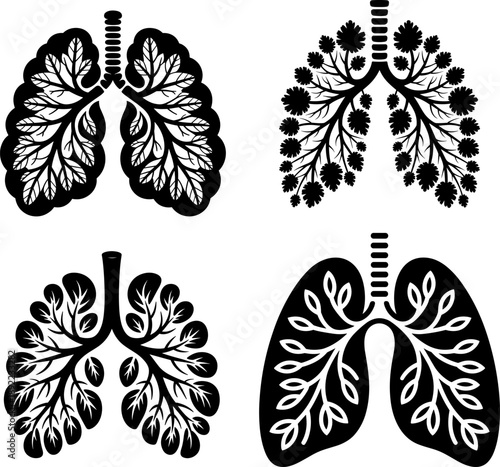 Decorative Lungs Icon Collection - Monochrome Vector Illustrations of Human Lungs Merged with Leaves and Flowers, Representing Respiration, Health, Wellness, and Ecology.
