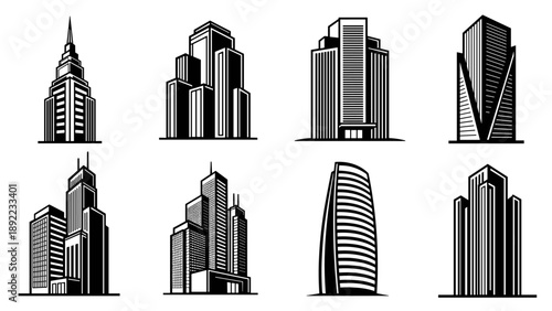 Monochromatic collection of diverse architectural building illustrations.