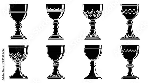 Collection of eight ornate chalices and goblets in black and white.