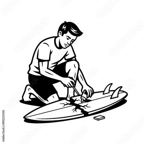 Man repairing a broken surfboard, illustrating dedication to hobbies and problem-solving skills.