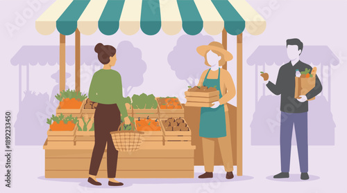 Farmers market scene with people buying fresh fruits and vegetables