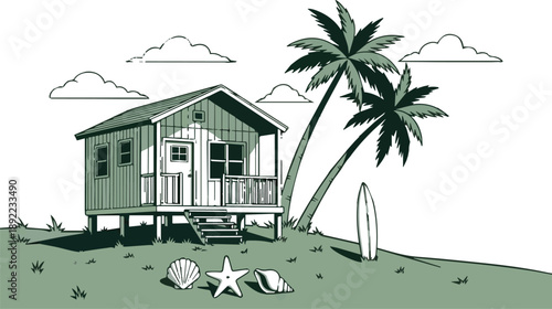 A small beach house with palm trees on a sunny day