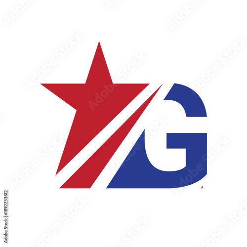 this is a flat logo design that depicts an initial G in combination with a star shape and a single line in dark red and blue color that looks clean on a white background 	