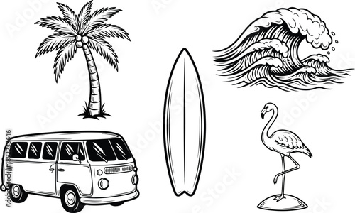Beach vacation icons with palm tree surfboard flamingo and vw van