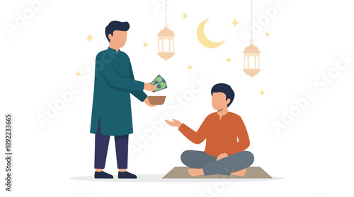 Muslim man giving charity (Zakat or Sadaqah) to a needy person