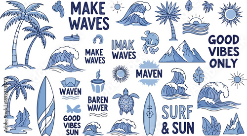 Surfing and beach themed illustrations with inspirational quotes