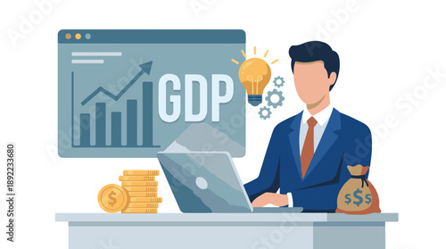 Businessman Analyzing GDP Growth and Financial Strategy with Laptop