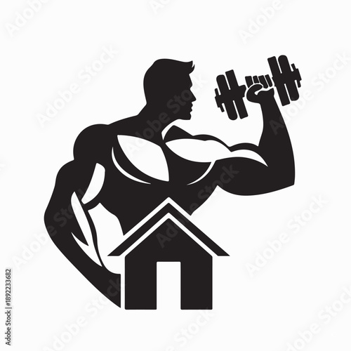 Strong raised arm with Dumbbell in House Silhouette Logo Vector