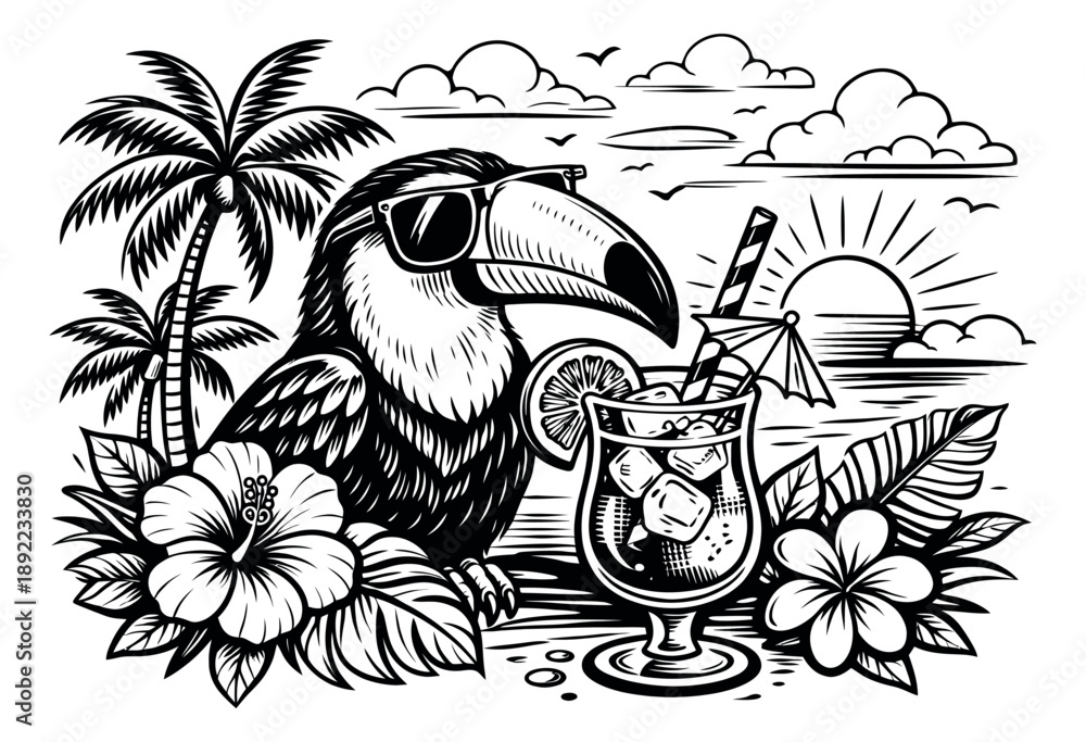 Fototapeta premium Hand drawn line art illustration of a toucan wearing sunglasses depicting a tropical summer beach scene for holiday advertising