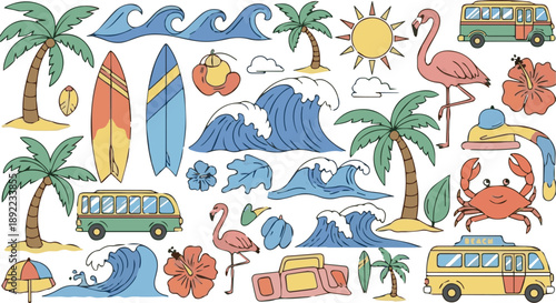 Vibrant beach and surfing illustrations