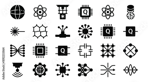 Quantum computing, artificial intelligence, and science technology icon set