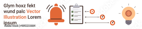 Workflow management, task reminders, innovation, productivity, planning, organization. Bell icon, checklist arrows light bulb. Workflow management and task reminders concept