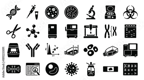 Biotechnology and Laboratory Science Icon Set: DNA, Cells, Research Tools