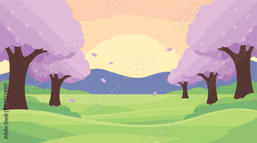 Stylized spring landscape with blooming pink cherry blossom trees and green hills