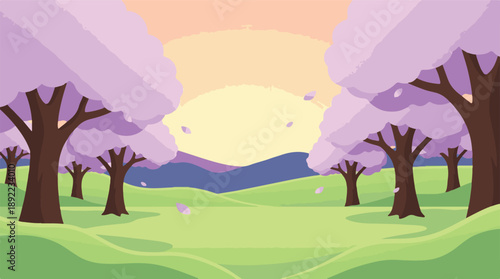 Vibrant spring landscape with blooming cherry blossom trees and green hills