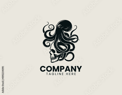 Human skull combined with octopus tentacles is isolated on plain background artistic