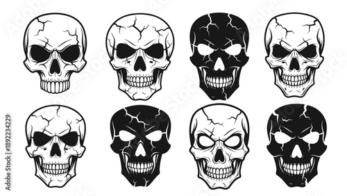 Collection of eight detailed skull illustrations in various styles.