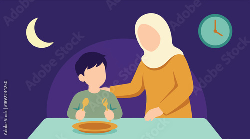 Muslim Mother and Son Preparing for Suhoor or Iftar during Ramadan