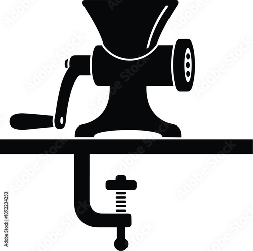 Minimal vector silhouette, vintage hand-crank coffee grinder with clamp, solid black, isolated on white.