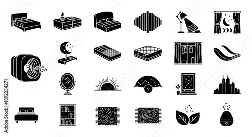 Creative Bedroom Setup Equipment Black Silhouette Icon Set – 23 Unique Interior Symbols in 4K