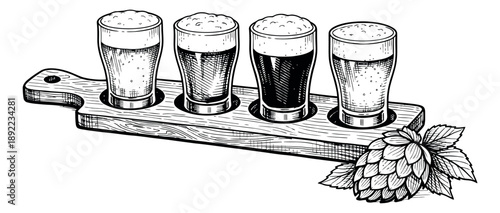 Hand drawn line art beer flight set featuring four beer glasses on a wooden paddle and a hop for craft beer tasting