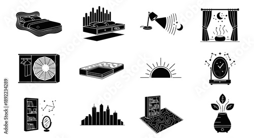 A minimalist black silhouette icon set featuring twelve unique bedroom equipment symbols inspired by modern interior design and lifestyle comfort. Each icon highlights innovative furniture forms