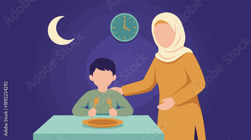 Muslim mother and child preparing suhoor meal for Ramadan fasting