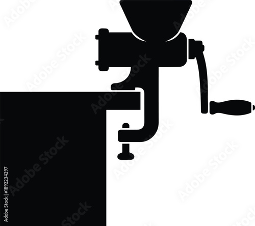 Minimal vector silhouette, vintage hand-crank coffee grinder with clamp, solid black, isolated on white.