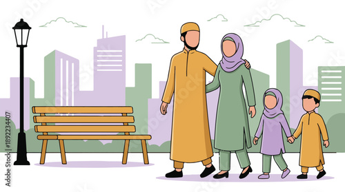 Happy Muslim family walking together in an urban park or city setting