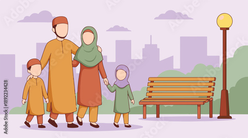 Happy Muslim family walking together outdoors in an urban park