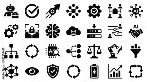 Technology, AI, business process, data, and security vector icons set