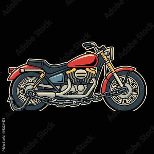 Red Motorcycle Secured with Chain and Lock.