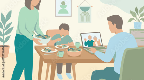 Family dinner and virtual connection with grandparents, modern lifestyle