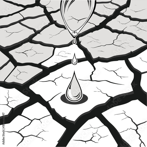 Evocative image of a single water drop bringing life to parched earth