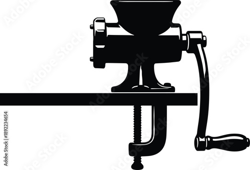 Minimal vector silhouette, vintage hand-crank coffee grinder with clamp, solid black, isolated on white.